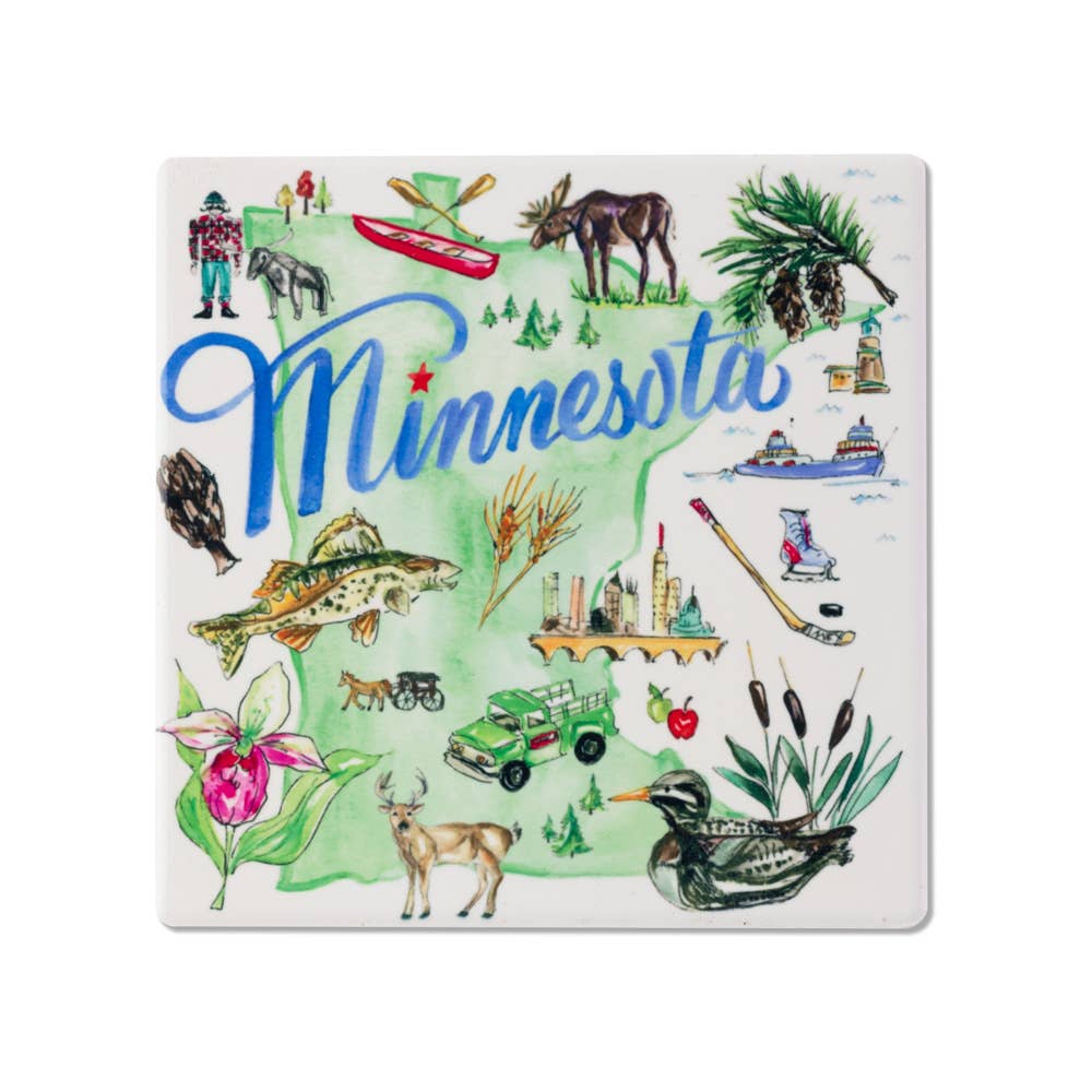 The MN State Ceramic Coaster by Rosanne Beck features iconic Minnesota images like the Minnesota text, moose, fish, loon, state flower, pine tree, Stone Arch Bridge cityscape, hockey stick, canoe, and winter activities—an ideal keepsake for any Paul Bunyan enthusiast!.