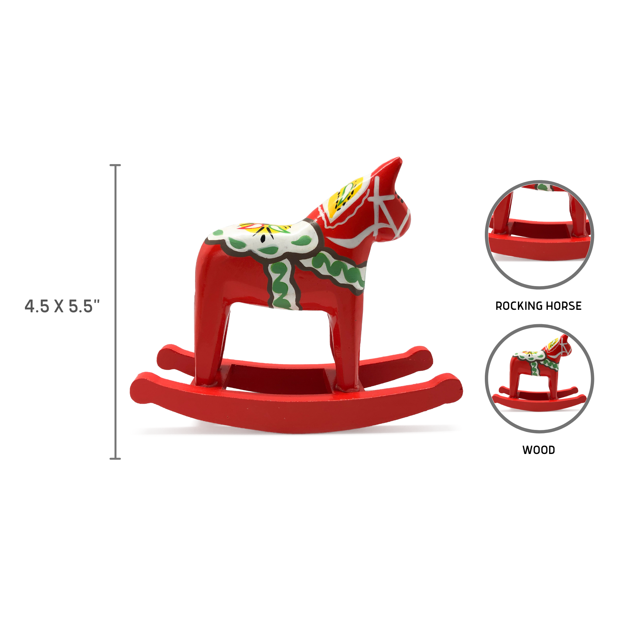 Red and green medium-sized Swedish Dala rocking horse figurine, with dimensions of 4.5 x 5.5 inches, featuring intricate Scandinavian motifs in detailed close-ups.