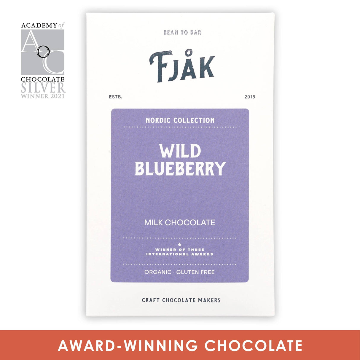 The Fjak Milk Chocolate Bar with Wild Blueberry 50% (Nordic Collection) is an organic 60g Norwegian chocolate, proudly displaying its Academy of Chocolate Silver Winner 2021 badge.