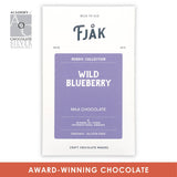 The Fjak Milk Chocolate Bar with Wild Blueberry 50% (Nordic Collection) is an organic 60g Norwegian chocolate, proudly displaying its Academy of Chocolate Silver Winner 2021 badge.