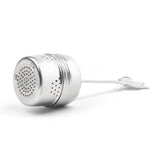The Infuser: Tea Infuser with Handle features a teapot-shaped top, small holes for steeping loose leaf tea, and a handy chain with a metal clip—crafted from stainless steel and perfect for easy brewing.