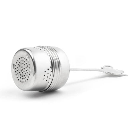 The Infuser: Tea Infuser with Handle features a teapot-shaped top, small holes for steeping loose leaf tea, and a handy chain with a metal clip—crafted from stainless steel and perfect for easy brewing.
