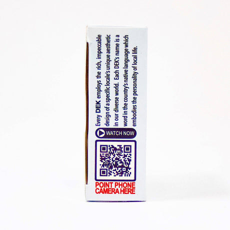 Side view of the Playing Cards: DEK Sisu (Finland) box showcasing text about DEK and a QR code with instructions to point your phone camera here. The design captures the Finnish concept of resilience, emphasizing determination in every detail.