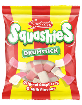 A 140g bag of Candy: Swizzels Squashies Drumstick Original Raspberry & Milk Flavor Original Gummy Candy by Swedish Sweets Wholesale LLC - Swedish Candy. This UK-made candy comes in red and yellow packaging featuring images of the pink and white raspberry and milk-flavored gummies on the front.