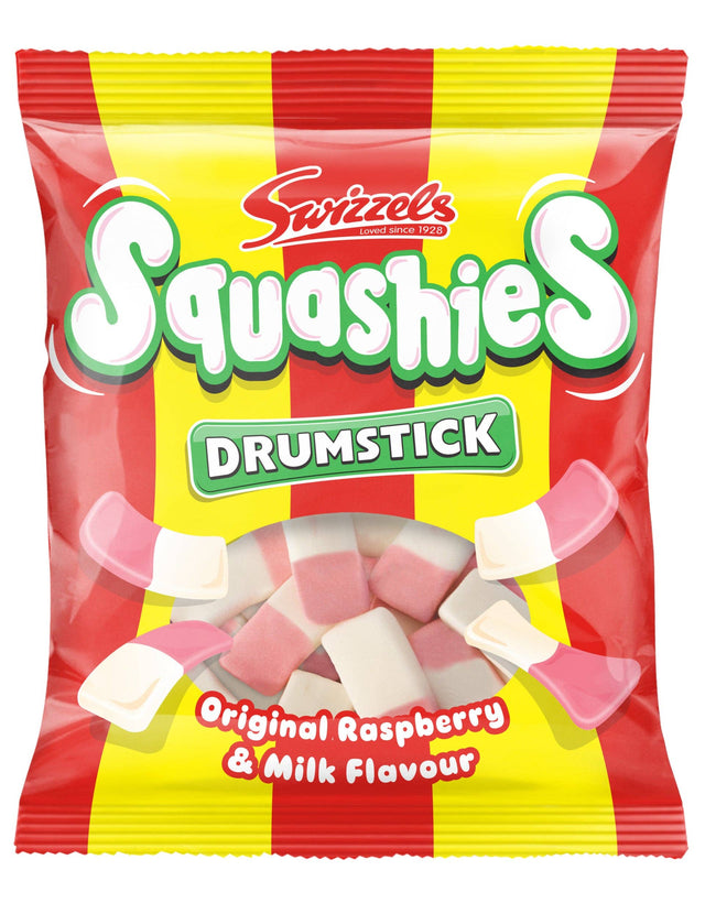 A 140g bag of Candy: Swizzels Squashies Drumstick Original Raspberry & Milk Flavor Original Gummy Candy by Swedish Sweets Wholesale LLC - Swedish Candy. This UK-made candy comes in red and yellow packaging featuring images of the pink and white raspberry and milk-flavored gummies on the front.