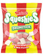 A 140g bag of Candy: Swizzels Squashies Drumstick Original Raspberry & Milk Flavor Original Gummy Candy by Swedish Sweets Wholesale LLC - Swedish Candy. This UK-made candy comes in red and yellow packaging featuring images of the pink and white raspberry and milk-flavored gummies on the front.