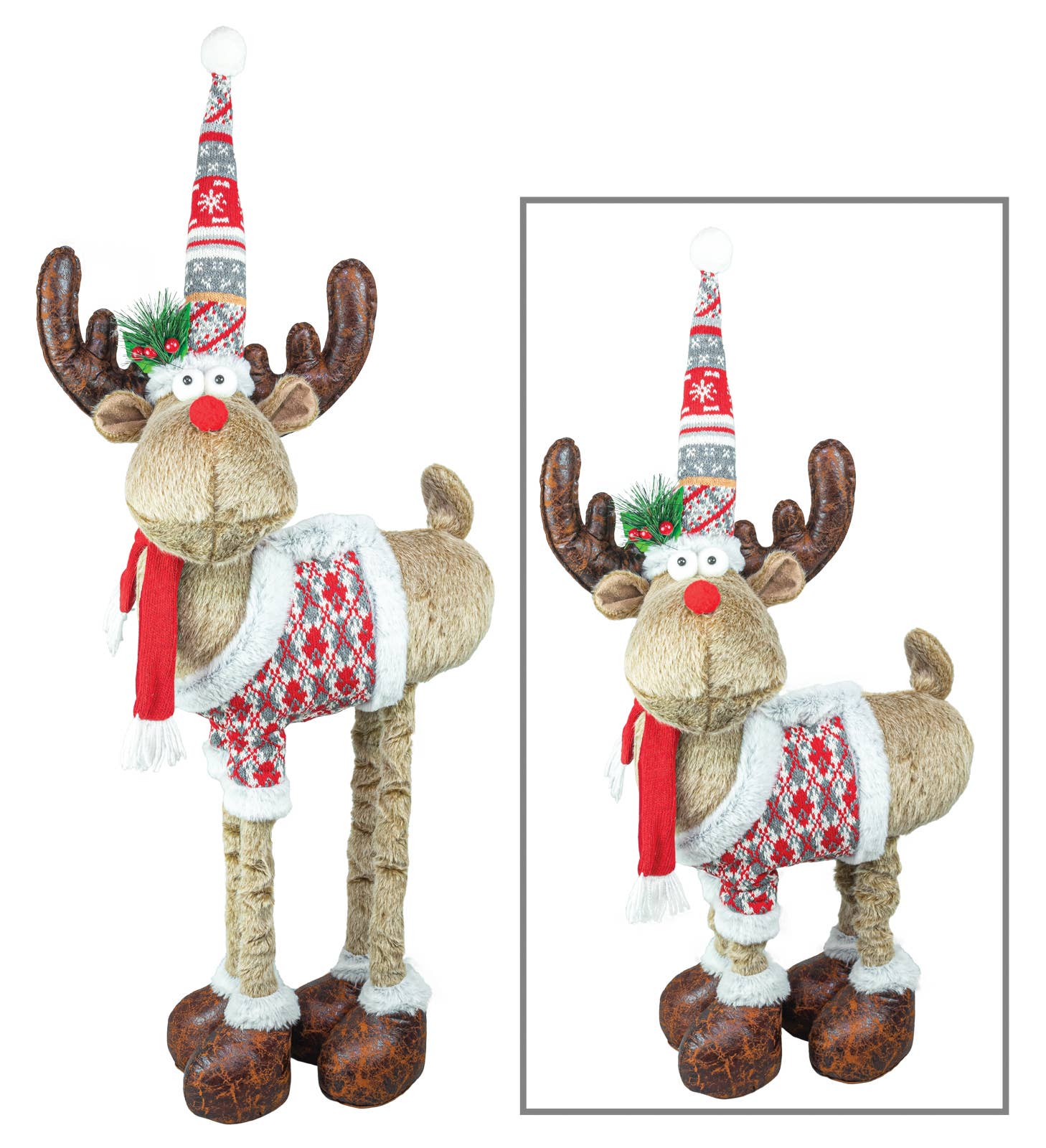The WINTERY MOOSE STRETCH LEGS gnome features a red and white sweater, scarf, and snowflake hat—an ideal decorative accent for Scandinavian Christmas decor.
