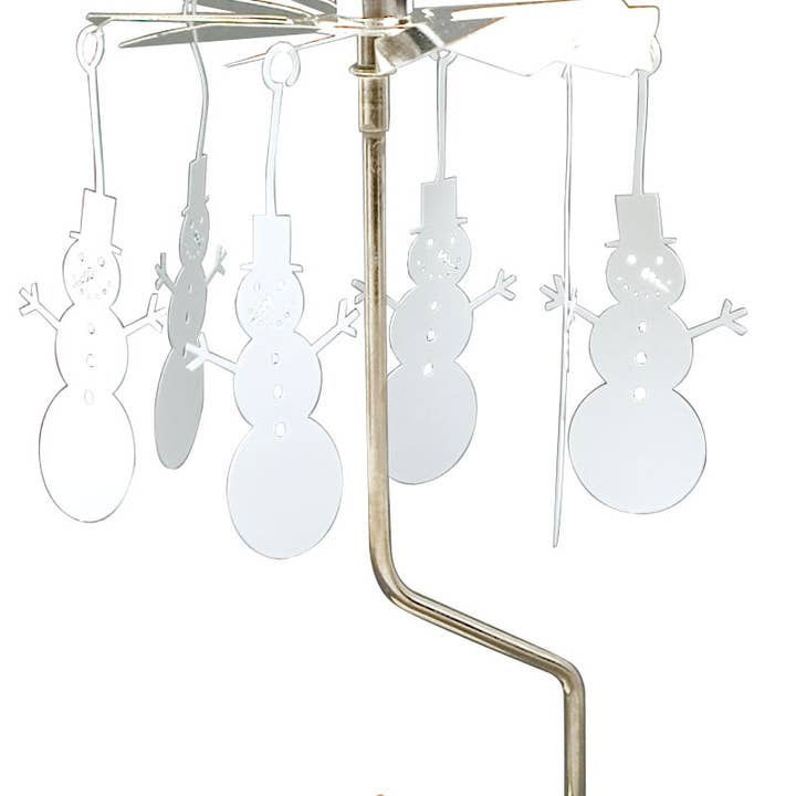 The Candle Holder: Pluto Design Angel Chime Snowman White elegantly features metallic snowman decorations that spin gracefully, evoking the timeless charm of classic Angel Chimes.