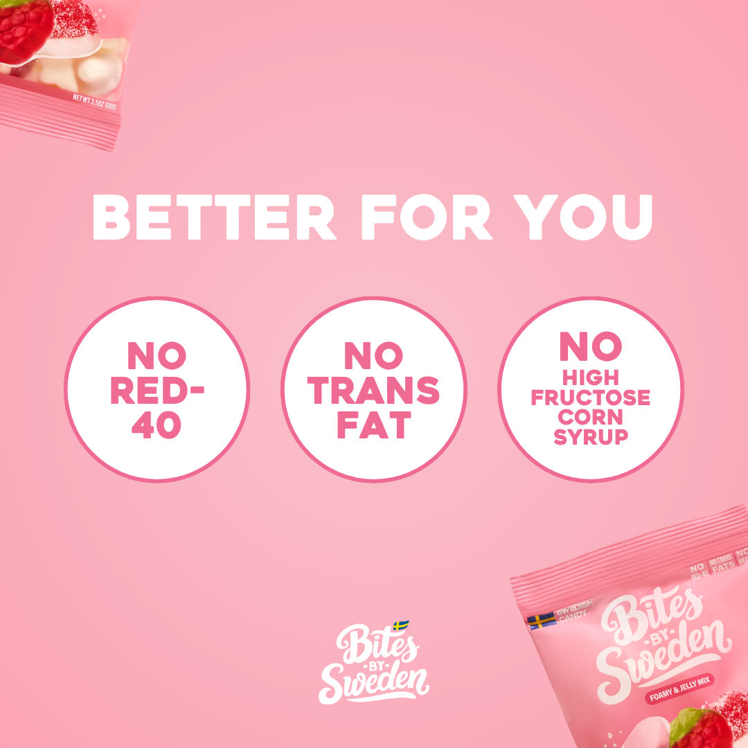 Pink ad with headline, three circles reading: No Red-40, No Trans Fat, No High Fructose Corn Syrup. Swedish candy packs shown with non-GMO gummy text on packaging.