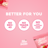 Pink ad with headline, three circles reading: No Red-40, No Trans Fat, No High Fructose Corn Syrup. Swedish candy packs shown with non-GMO gummy text on packaging.