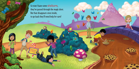 Six kids play in a vibrant, storybook setting inspired by Sourcebooks’ “How to Catch a Garden Gnome” by Alice Walstead & Leo Trinidad, where giant cookies, candy, bushes, butterflies, and a tree set the scene. With playful curiosity and STEAM exploration at heart—just like characters from the hardcover book—some children dig for clues; one holds up a Cookie Keeper sign while others look around the enchanting garden in wonder.