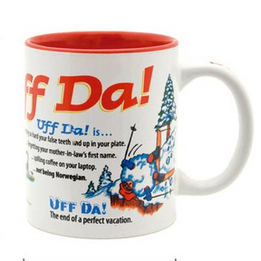 The Uff Da! Definition Mug by European Heritage Gifts is an 11oz white ceramic mug with a red interior, bold “Uff Da!” text, funny Norwegian sayings, and a skier graphic—perfect for fans of Scandinavian slang and Minnesota humor.