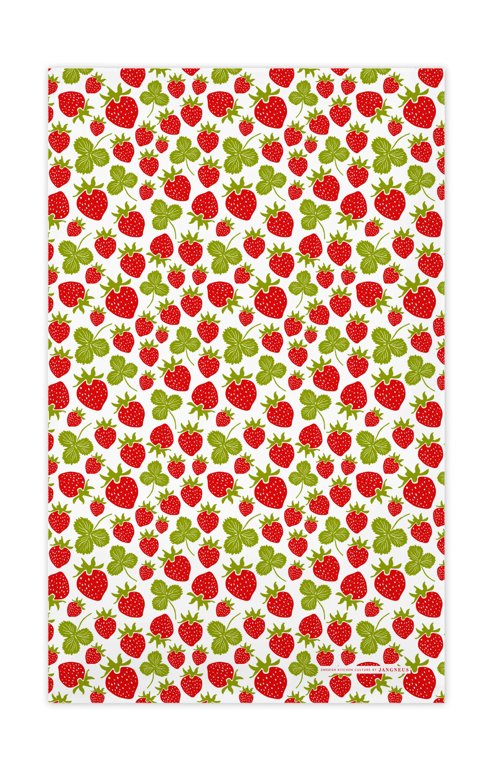 The Tea Towel: Strawberries Kitchen Towel features a repeating pattern of red strawberries with green leaves on a white background, ideal for adding a Scandinavian touch to your kitchen décor.