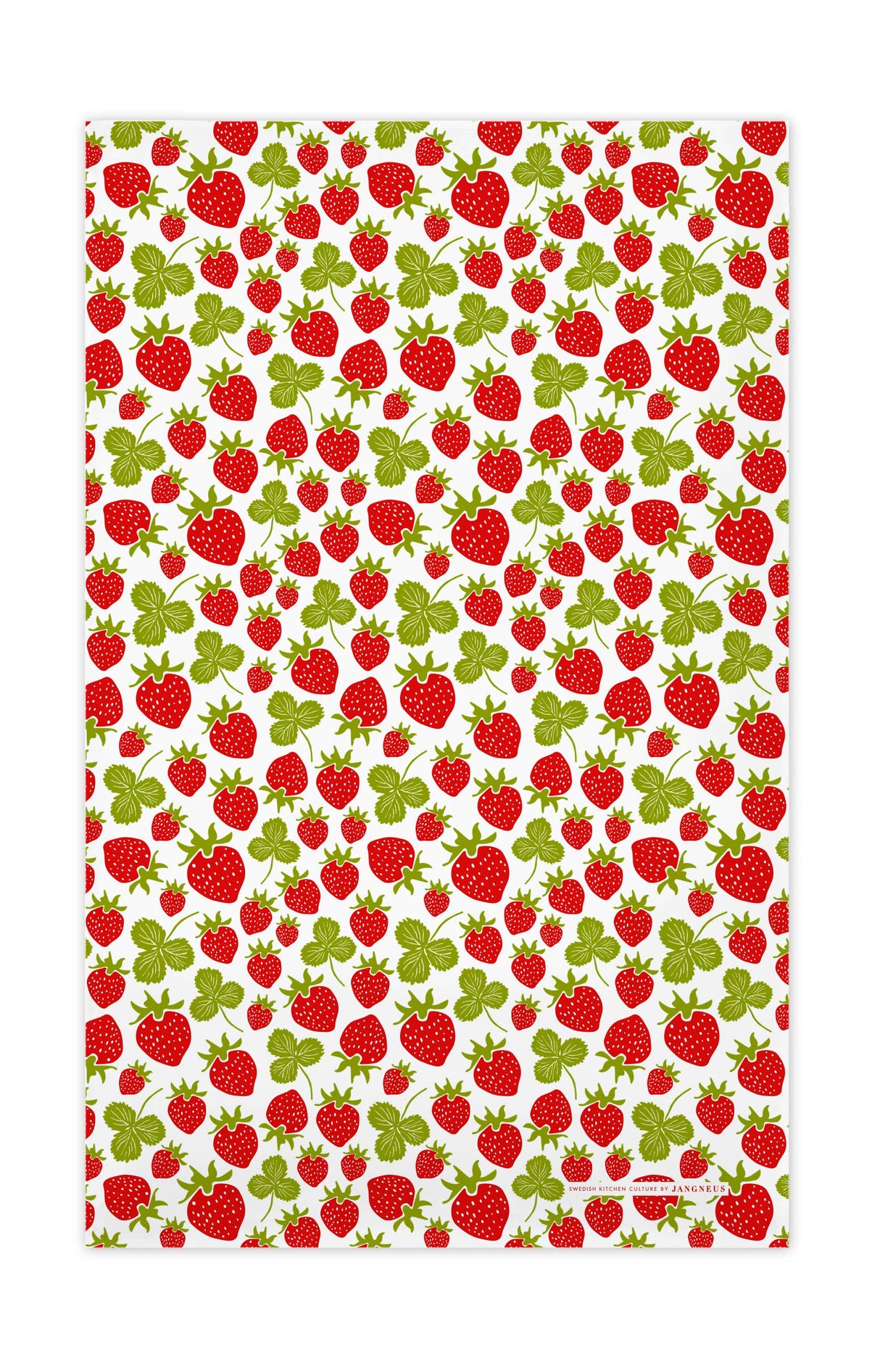 The Set: Tea Towel & Dish Cloth: Strawberries by Jangneus of Sweden features a white background with a repeating pattern of red strawberries and green leaves, inspired by classic Scandinavian kitchen towel designs.
