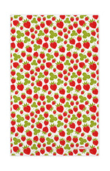 The Set: Tea Towel & Dish Cloth: Strawberries by Jangneus of Sweden features a white background with a repeating pattern of red strawberries and green leaves, inspired by classic Scandinavian kitchen towel designs.