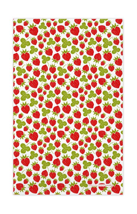 The Set: Tea Towel & Dish Cloth: Strawberries by Jangneus of Sweden features a white background with a repeating pattern of red strawberries and green leaves, inspired by classic Scandinavian kitchen towel designs.