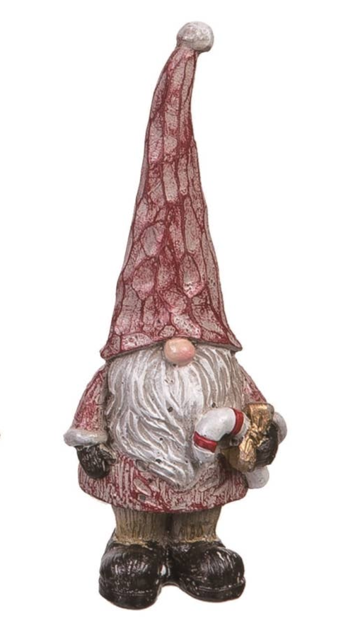 The Gnomes: Mini Gnomes Holding a Christmas Decoration figurine is resin, with a tall red hat, white beard, pink nose, and holds a wrapped gift and candy cane—perfect for festive decor.