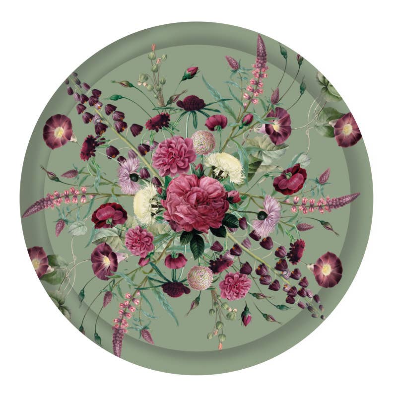 Round serving tray with a green background and a symmetrical floral pattern in pink, purple, and cream shades.