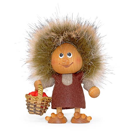 The Scandinavian Girl Troll with Basket & Berries figurine features a handcrafted troll with a round face, fluffy hair, bare feet, and a brown dress, smiling as she holds a basket filled with berries.