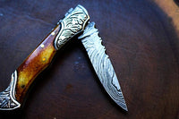 Knife: Damascus Steel handmade Pocket Knife with burnt bone handles