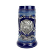 Discover the charm of the Beer Stein: a 20oz blue ceramic masterpiece featuring a silver Viking metal medallion and intricate decorative patterns.