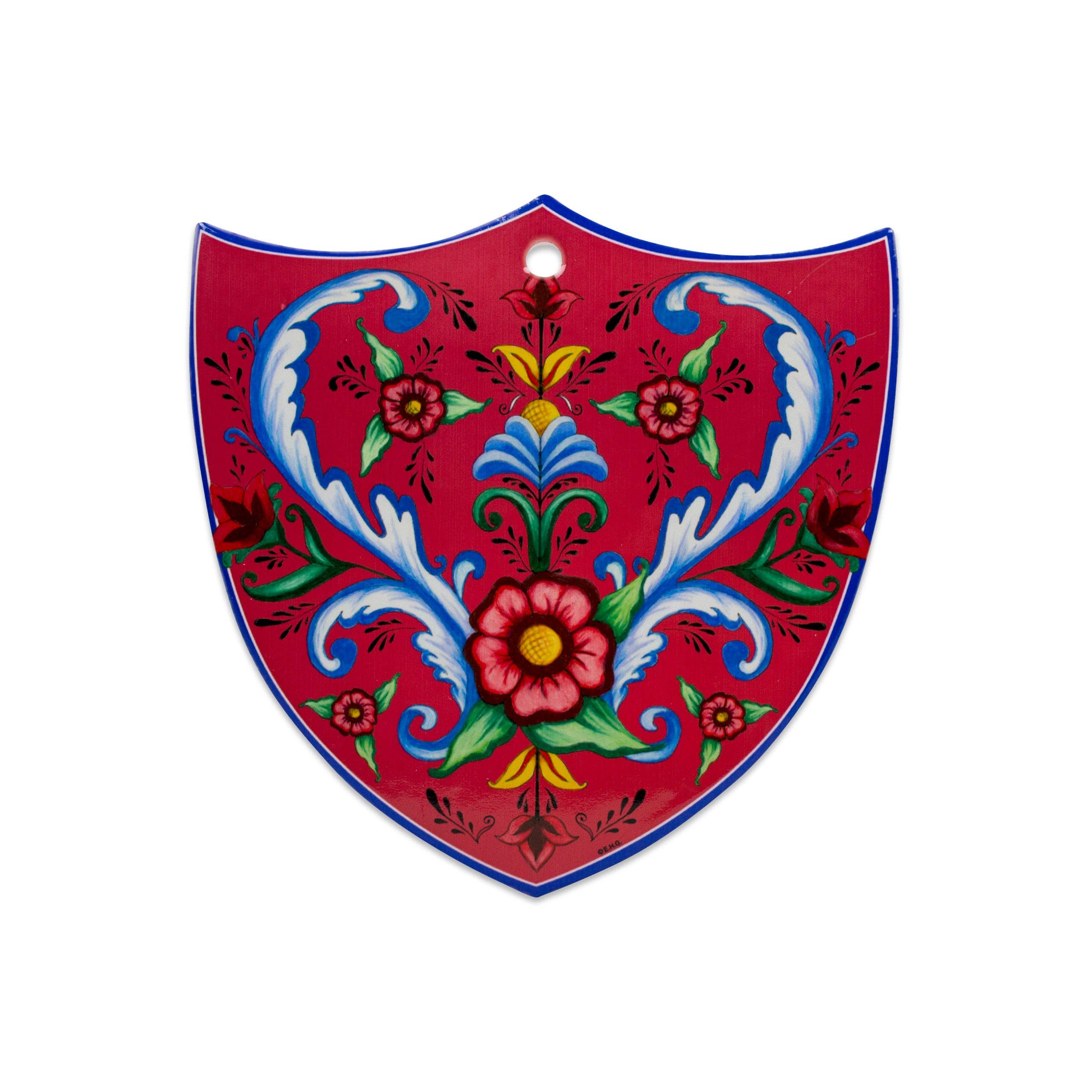 The Norwegian Rosemaling Flowers Shield Tile (7.75" high) is a red, shield-shaped ceramic wall hanging with blue trim, displaying symmetrical blue, green, yellow, and red floral and leaf patterns, and a hole at the top for easy hanging.