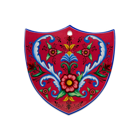 The Tile: Norwegian Rosemaling - Flowers Decoration Shield Tile Wall Decor, 7.75" high, features a red background with blue, green, yellow, and white floral patterns—ideal as a decorative ceramic door shield for Scandinavian home decor.