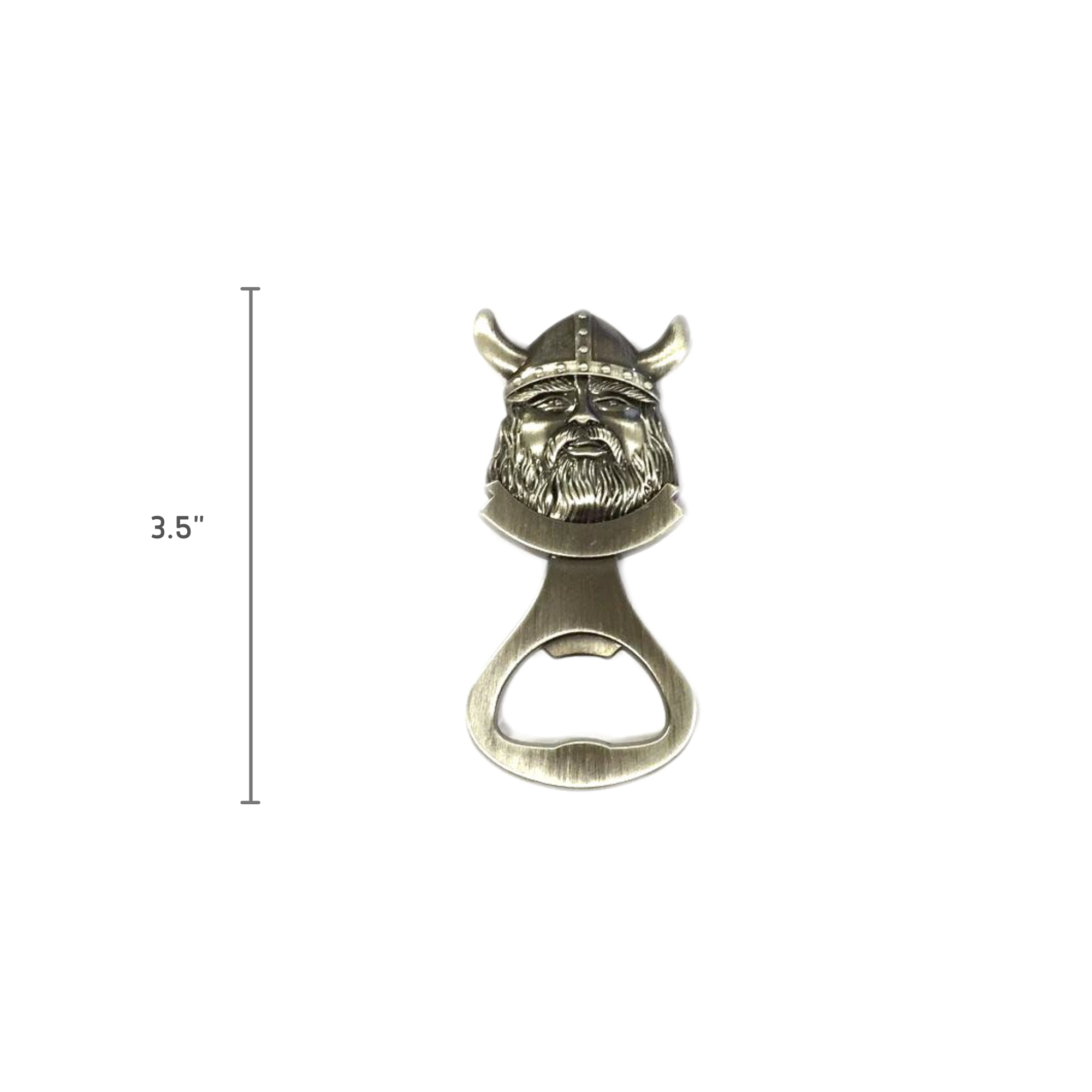 The Opener: Norwegian Viking Metal Bottle Opener Magnet boasts a detailed head design, measuring 3.5 inches. This compact yet striking piece is perfect for your barware collection.