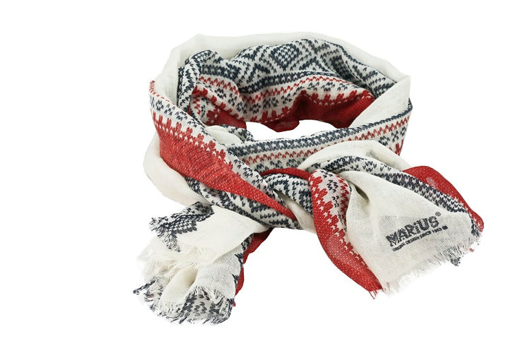 A Scandinavian design scarf in red, white, and blue wool with fringed edges showcases the elegance of Norwegian style and features a black Marius label.