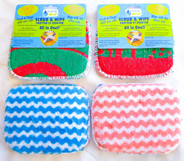 Four rectangular Scrub: Scrub & Wipe Plus Sponges with colorful patterns and product labels are shown. These multi-purpose sponges make scrubbing and wiping surfaces easy for everyday cleaning.