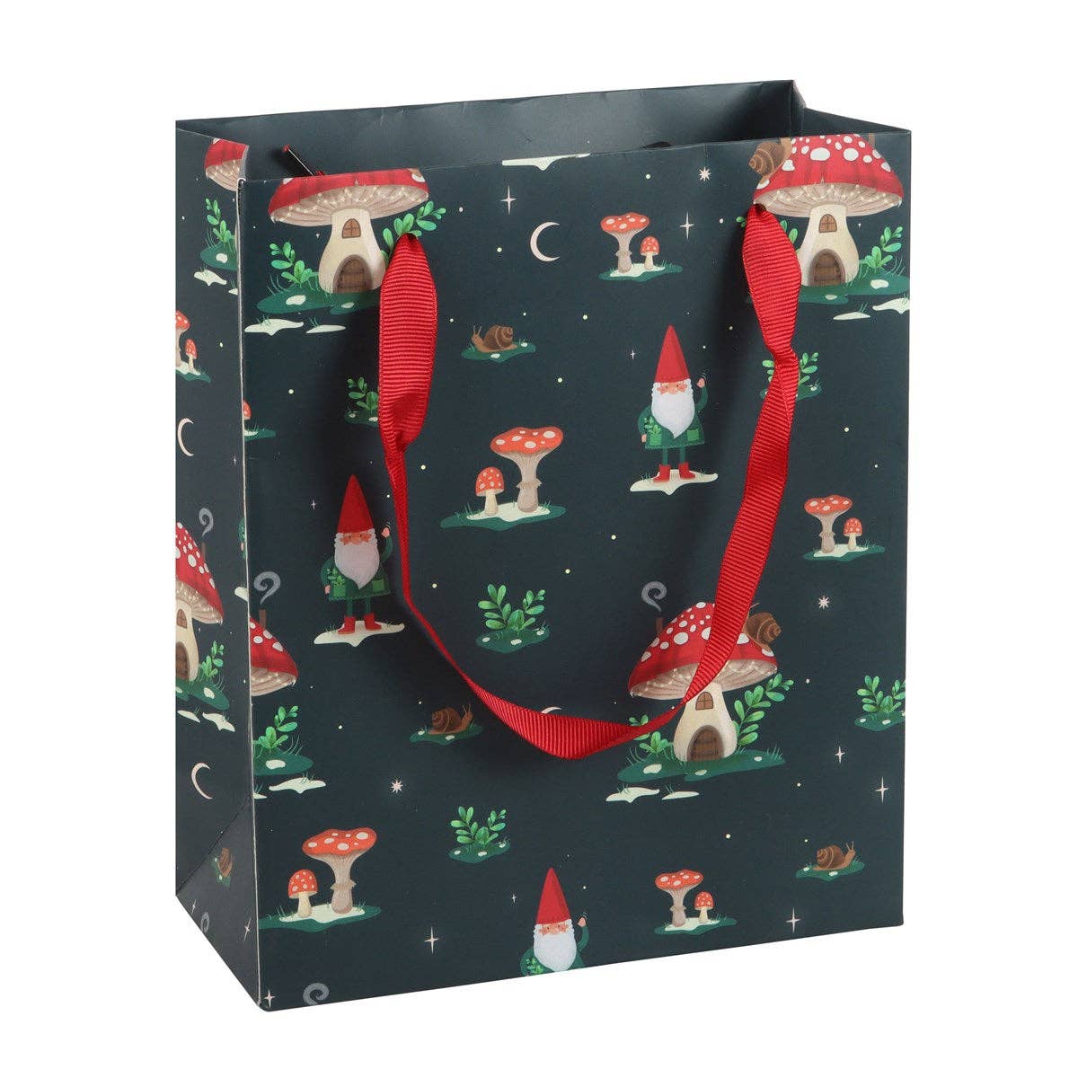 Gift Bag: Gnome Sweet Gnome – A festive gift bag with red handles, showcasing a dark background decorated with gnomes, mushrooms, snails, and stars. Dimensions: 7.5"w x 9"h x 3.5"d.