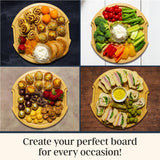 Four circular bamboo serving boards arranged with pastries, fresh vegetables, deli sandwiches, and sweets.