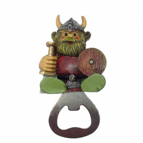 Add fun to your kitchen with the Magnet: Norwegian Viking Refrigerator Magnet Bottle Opener, featuring a cartoon Viking holding a shield and mug. It also serves as an eye-catching fridge magnet with helmet and horns!.