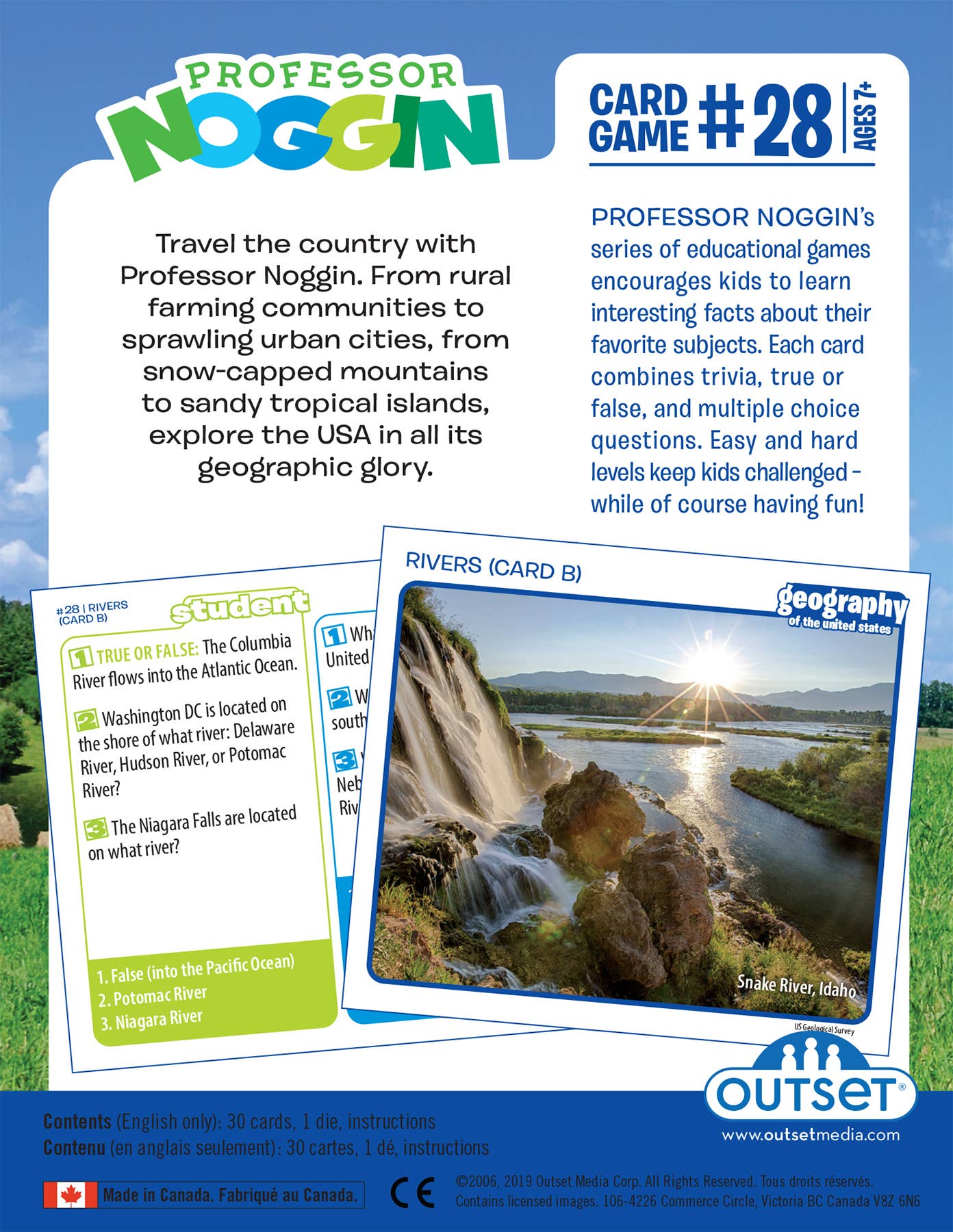 Promotional flyer for Playing Cards: Prof. Noggin Geography of the US Card Game #28. Explore scenic rivers with this geography card game featuring sample trivia questions. Emphasizing its educational benefits, this kids' trivia game is perfect for sparking curiosity and learning in a fun way.