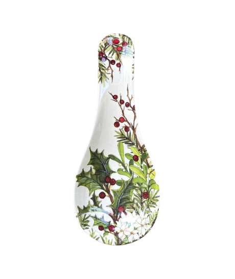 The Spoon Rest: Holly & Berries Christmas Holiday is displayed on a red textured tablecloth.