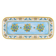 Rectangular tray with a blue background, yellow and green floral patterns, and an ornate decorative border.