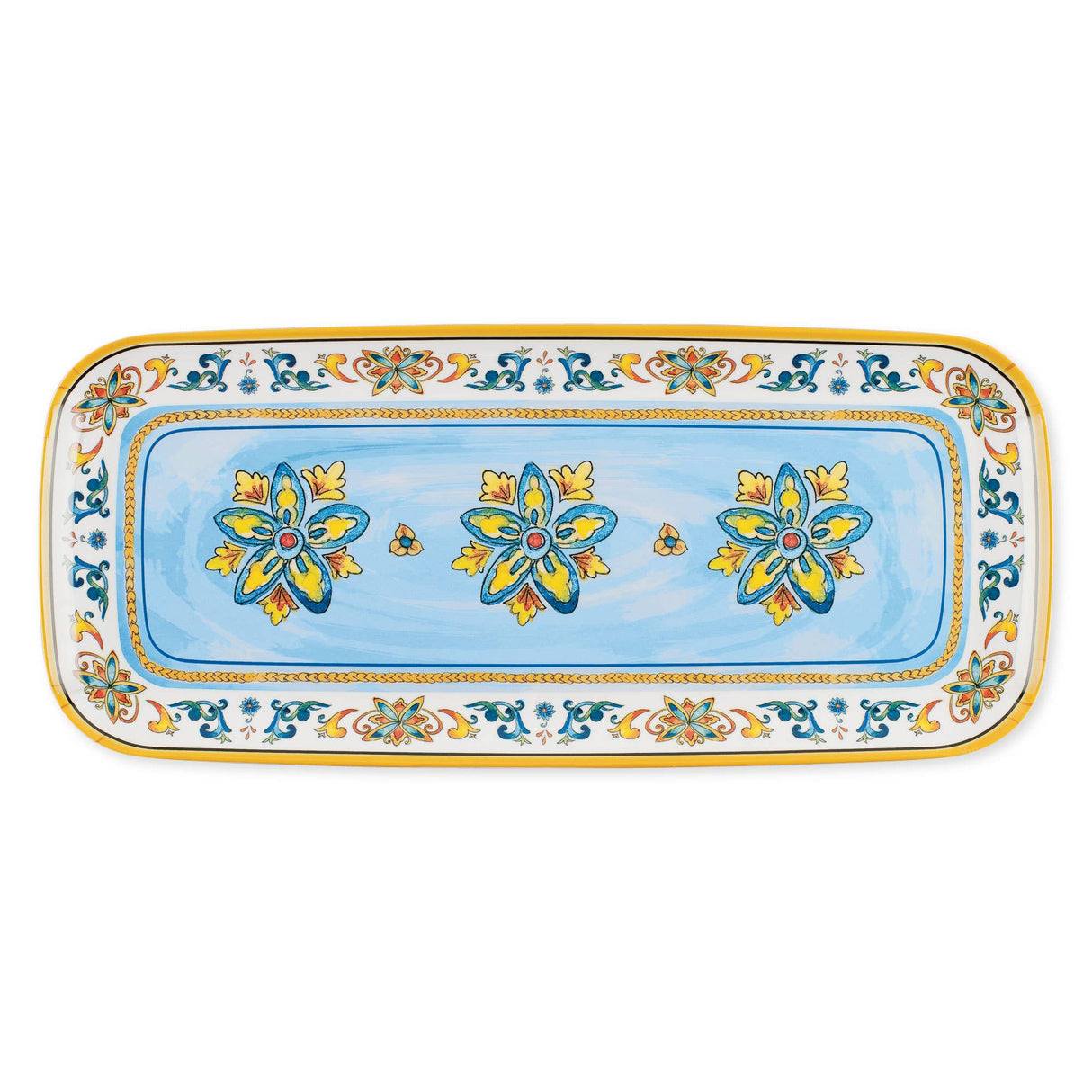 Rectangular tray with a blue background, yellow and green floral patterns, and an ornate decorative border.