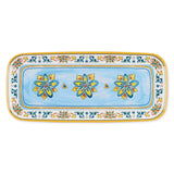Rectangular tray with a blue background, yellow and green floral patterns, and an ornate decorative border.