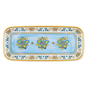 Rectangular tray with a blue background, yellow and green floral patterns, and an ornate decorative border.