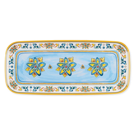 Rectangular tray with a blue background, yellow and green floral patterns, and an ornate decorative border.