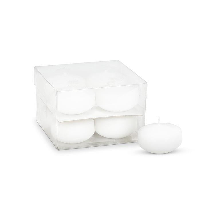 A clear box containing four high-quality white "Candle: 2" Floater Tealights" crafted from premium wax, with an additional tealight placed outside the box.