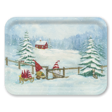 Tray with three gnomes in red hats pulling sleds among snowy pine trees, a wooden fence, and a small red house in the background.