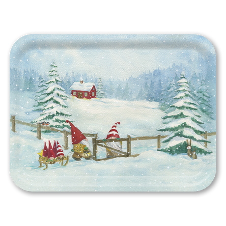 Tray with three gnomes in red hats pulling sleds among snowy pine trees, a wooden fence, and a small red house in the background.