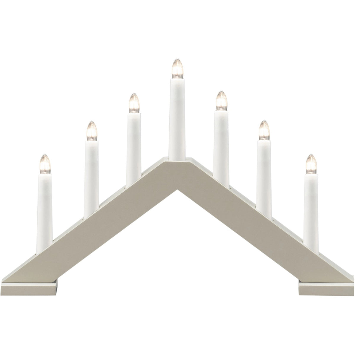 The Konstsmide 7-Light Electric Candelabra in a matte beige wood finish features seven lights in a row—ideal for bringing classic Scandinavian holiday style to your home.