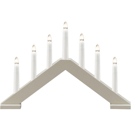 The Konstsmide 7-Light Electric Candelabra in a matte beige wood finish features seven lights in a row—ideal for bringing classic Scandinavian holiday style to your home.