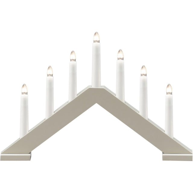 The Konstsmide 7-Light Electric Candelabra in a matte beige wood finish features seven lights in a row—ideal for bringing classic Scandinavian holiday style to your home.