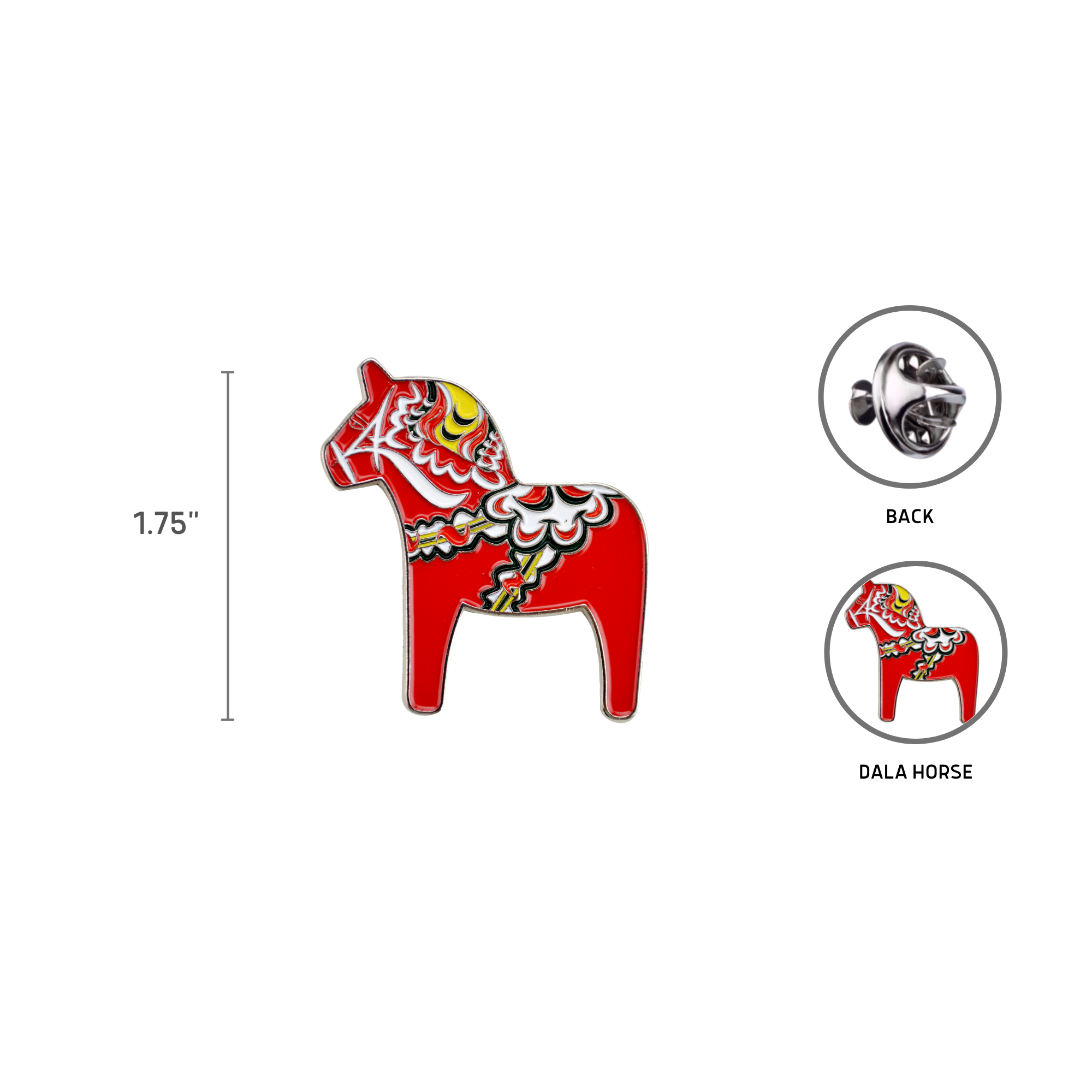 Image of a red enamel Swedish Dala Horse Metal Hat Pin featuring colorful Kurbits patterns, measuring 1.75 inches, showing front and back views with a metal clasp.