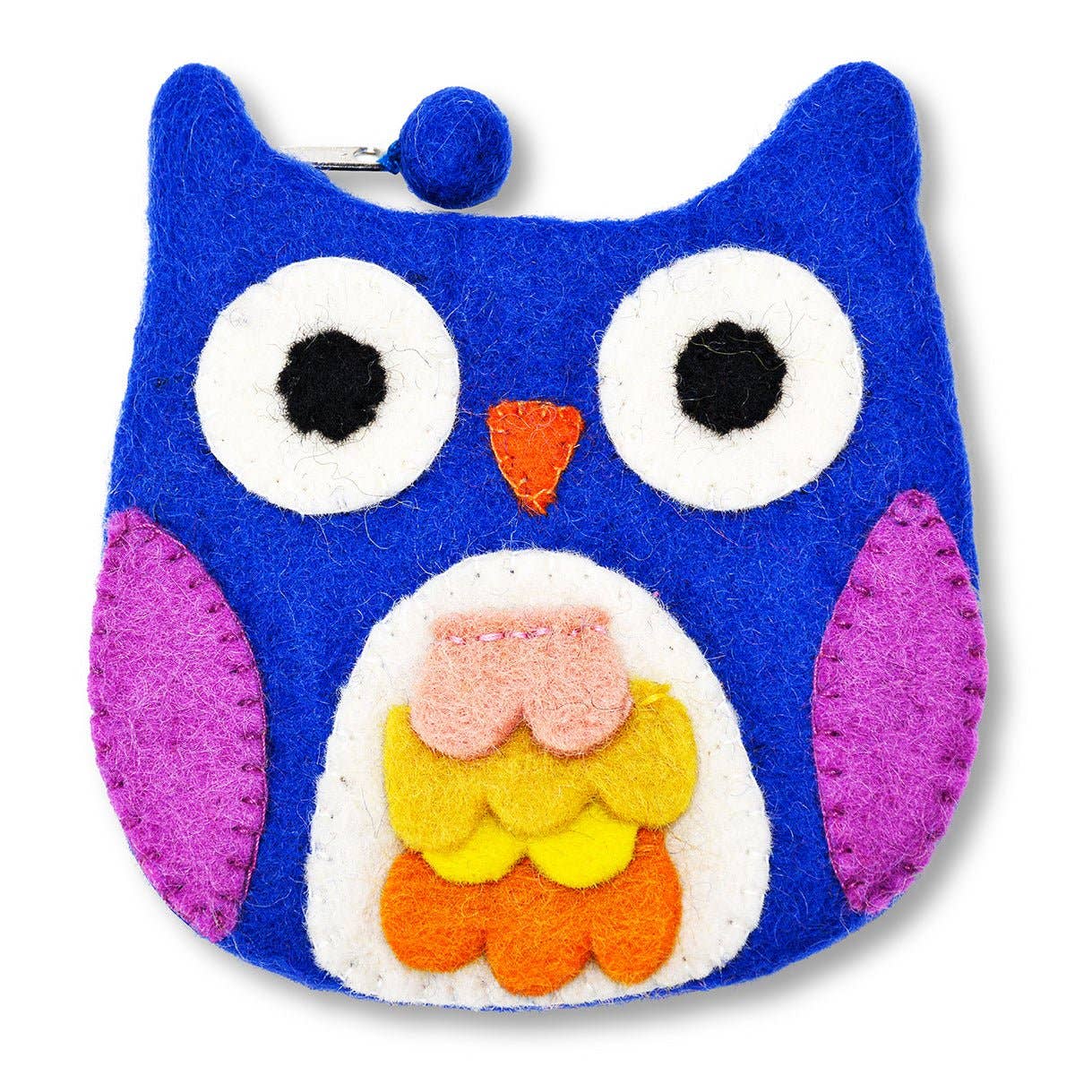 The Bag: Blue Owl with Felt Fur Design Coin Purse is a handmade wool purse from Nepal, shaped like an owl with large eyes, a small orange beak, pink wings, and colorful feathers on its chest.