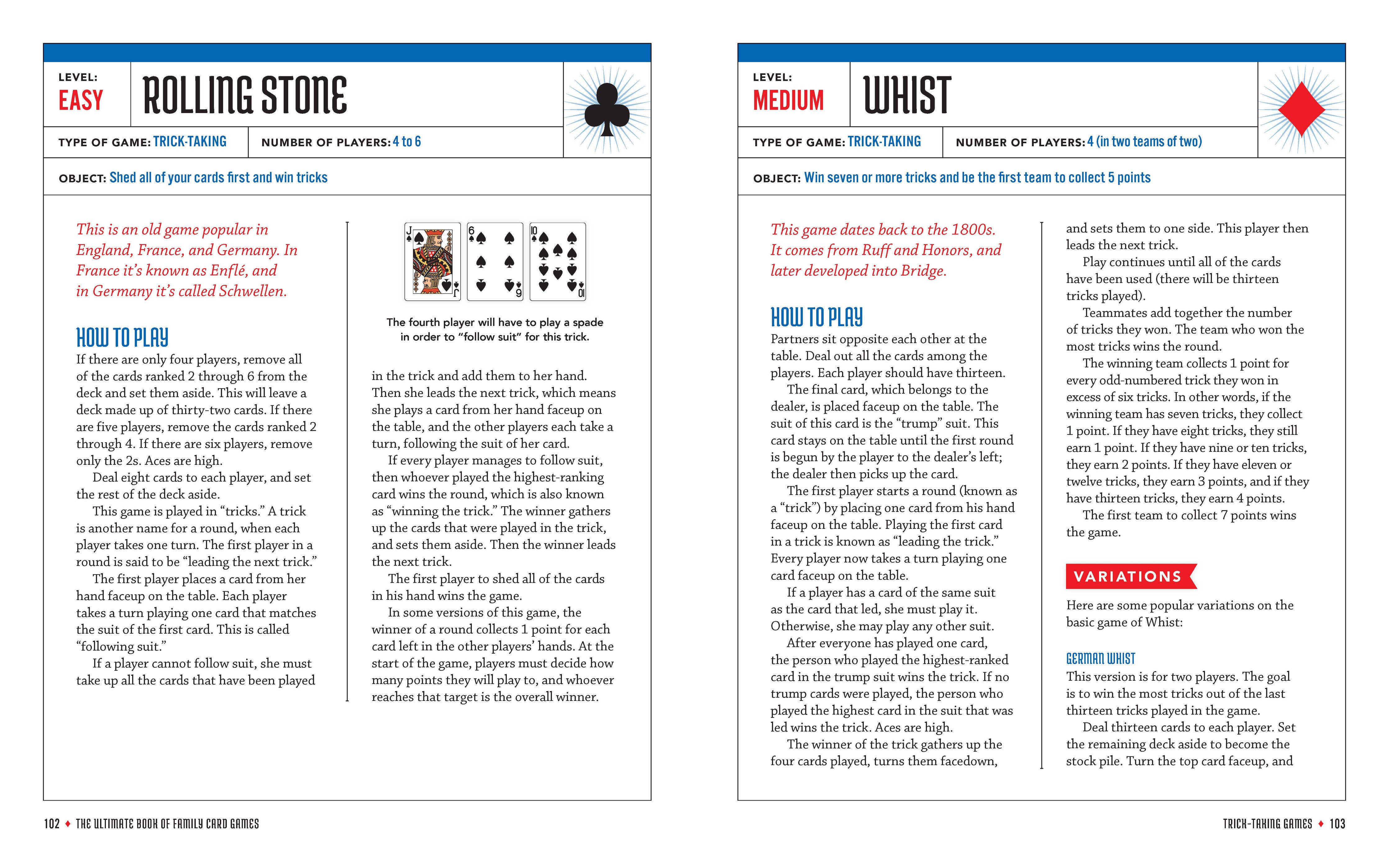 Two pages from Book: The Ultimate Book of Family Card Games: Over 50 Games! detail Rolling Stone and Whist, covering objectives, rules, variations, card illustrations, and colored headings—ideal for family card game enthusiasts.