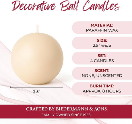 The Biedermann & Sons Candles: Champagne Ball Candles, 2.5" diameter, come in a set of 4 beige unscented paraffin wax balls with an 8-hour burn time—ideal for elegant displays.